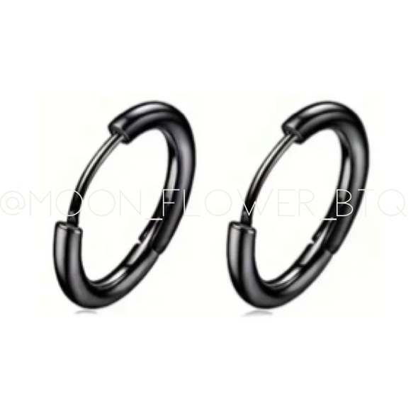 Black Stainless Steel 14mm Hoop Earrings • 20G Sleeper Huggie Pair - Picture 5 of 5